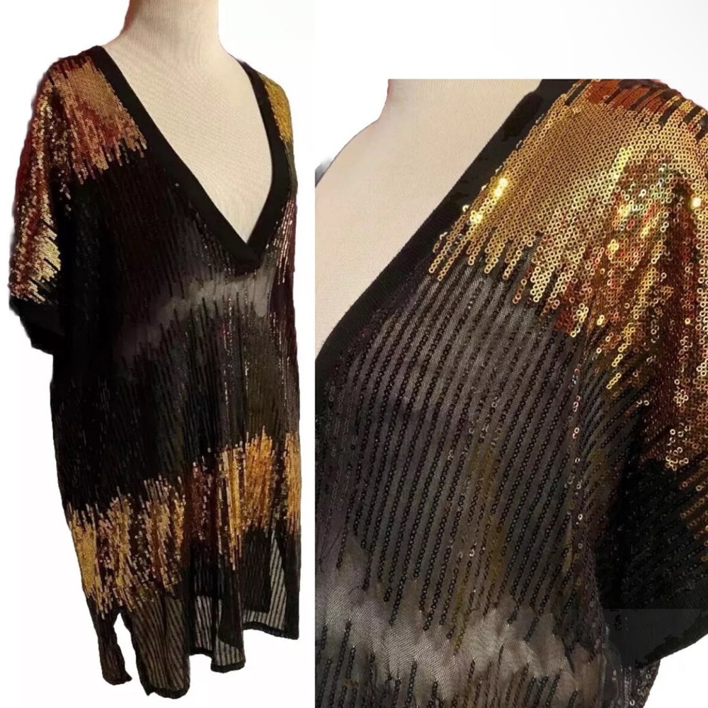 INC Black and Gold Sequin Sheer V Neck Tunic Top Blouse or Dress, Sz Large, NWT